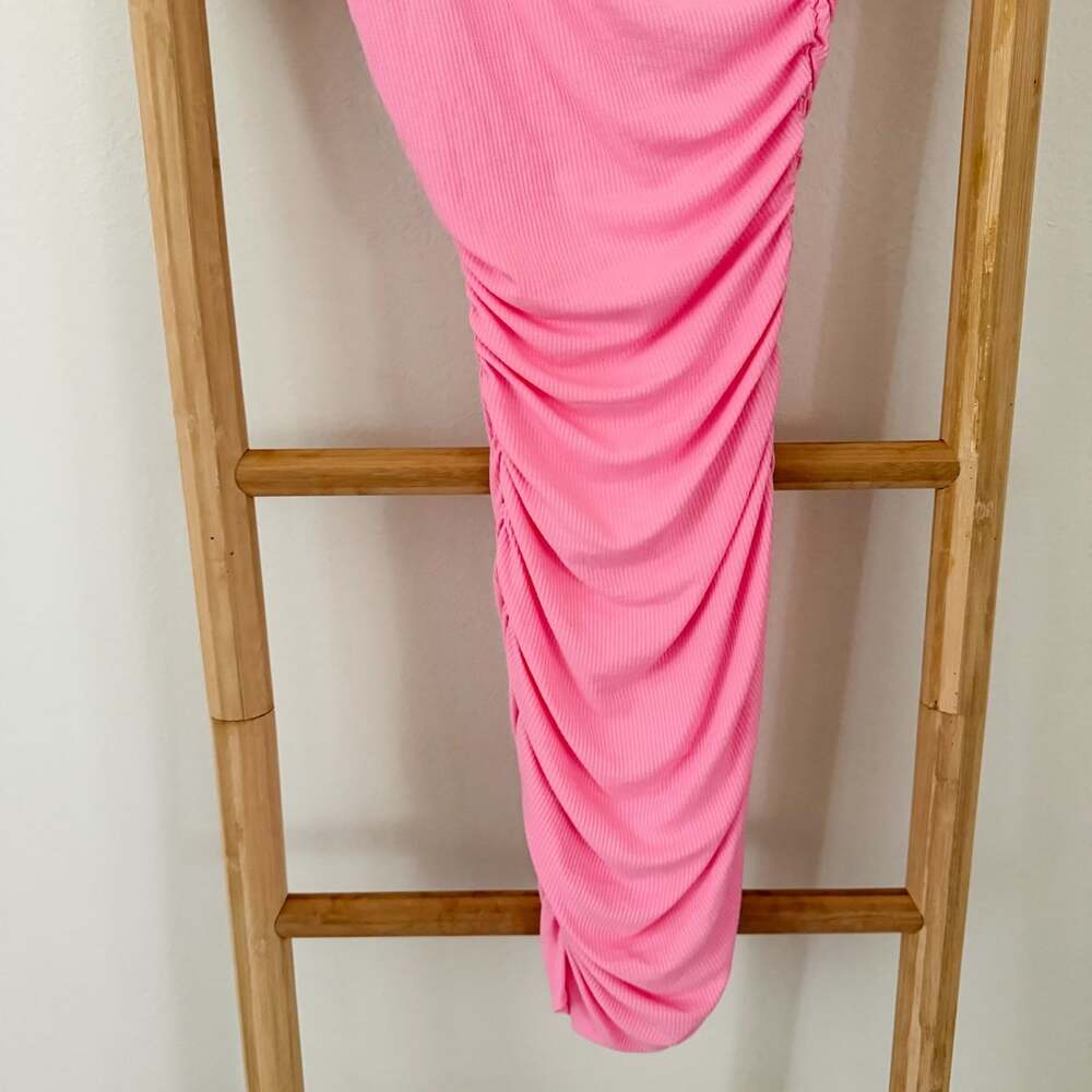 Princess Polly Pink Ribbed Ruched One Shoulder Mini Dress Size 0 XS Bodycon - Picture 4 of 9